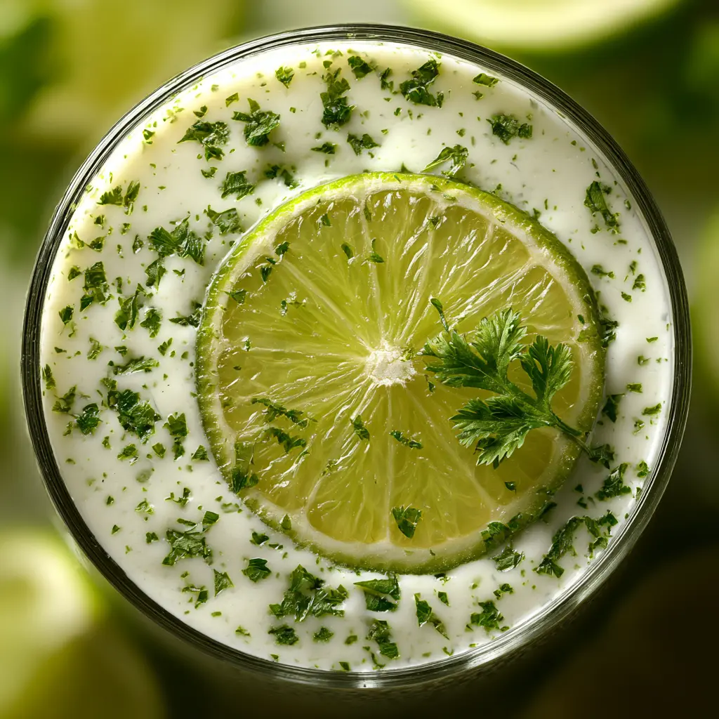 Freshly prepared leche de tigre recipe served in a chilled glass with lime and herbs