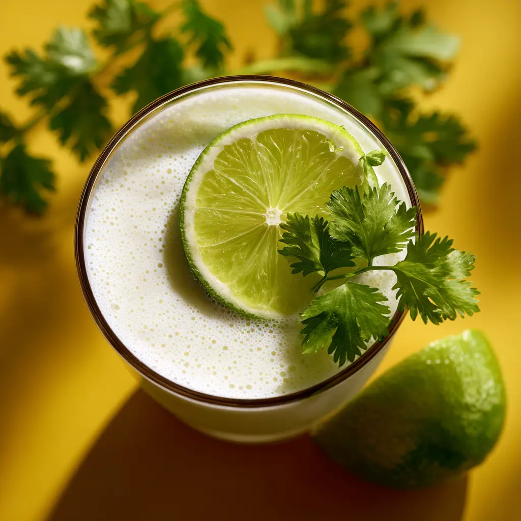 Freshly prepared leche de tigre recipe served in a glass with lime and herbs