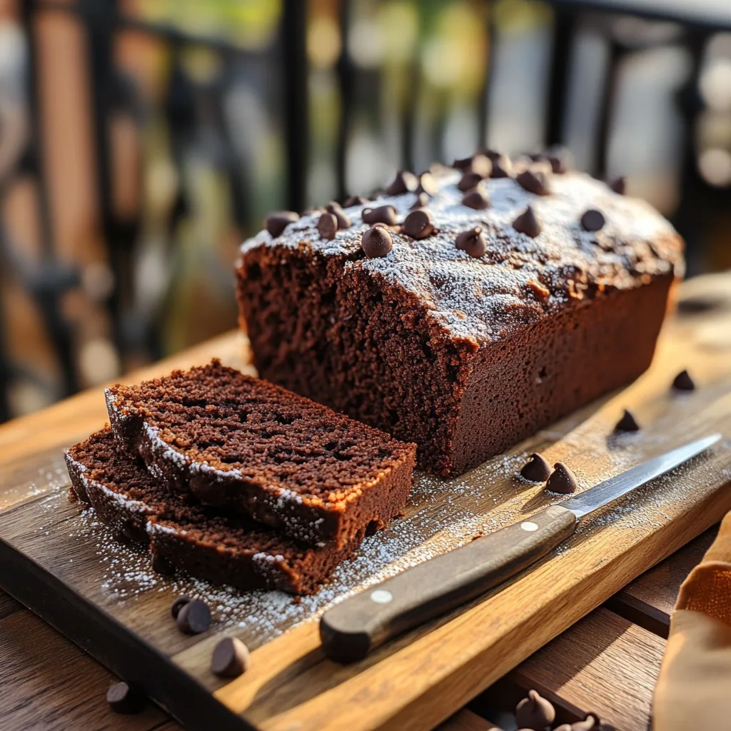 Freshly sliced chocolate pound cake recipe topped with chocolate chips and powdered sugar