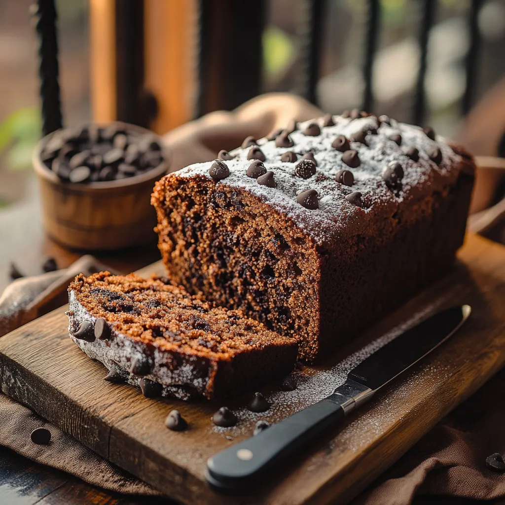 Rich and moist chocolate pound cake recipe on a rustic wooden board