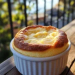 Close-up of a golden, puffed egg soufflé in a white ceramic dish on a rustic wooden table, showing its airy, risen texture in natural lighting.