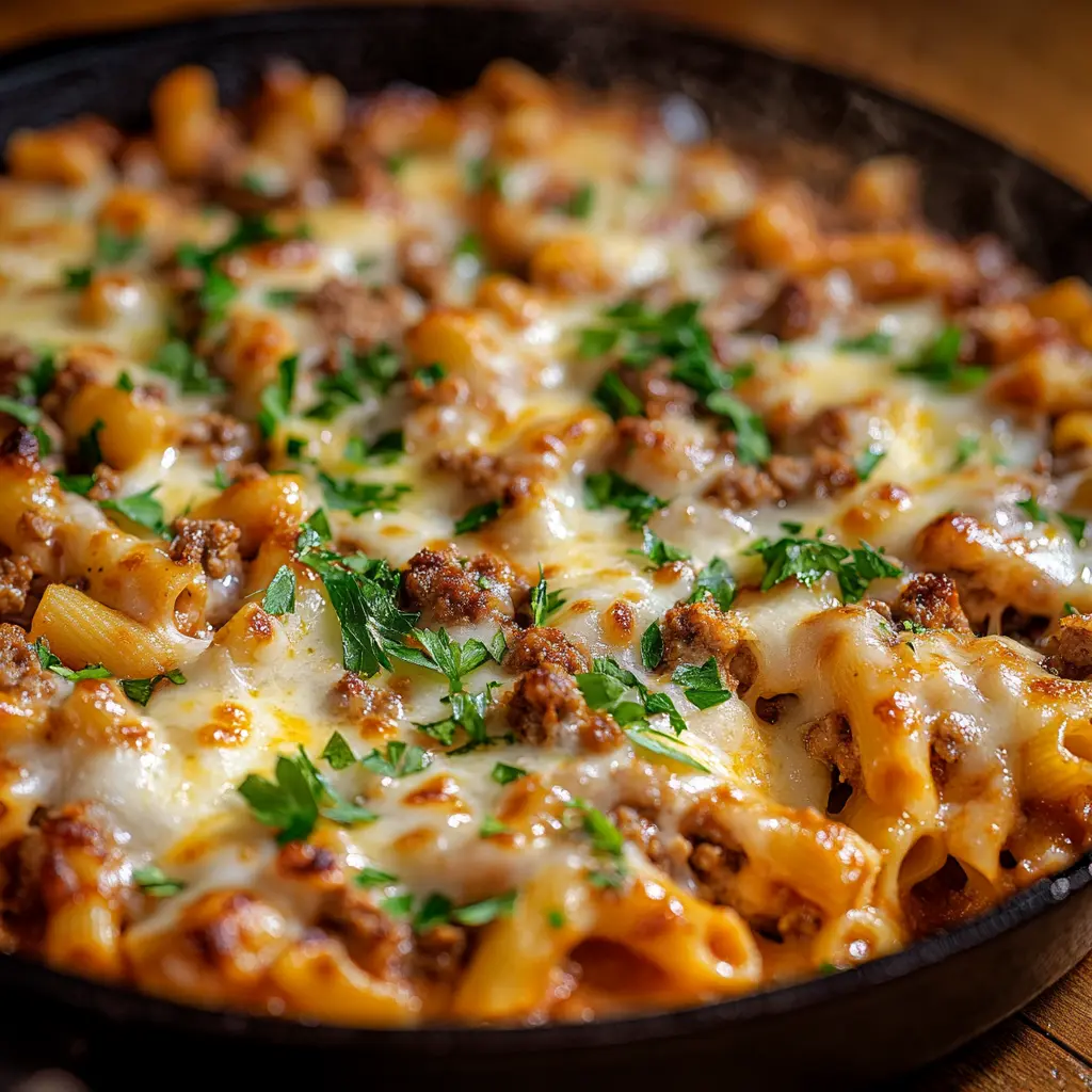 One-skillet cheesy ground chicken pasta recipe in a cast-iron pan