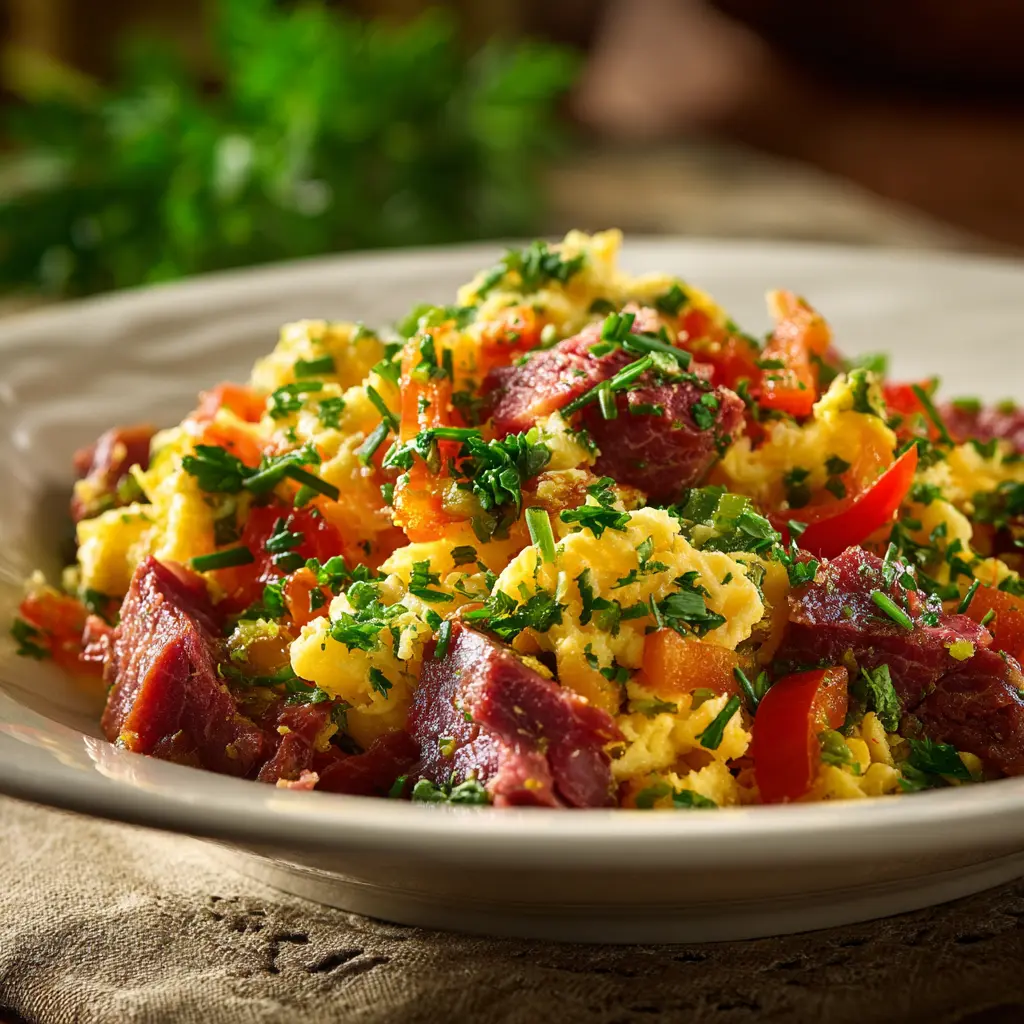 Corned beef and bell pepper scramble breakfast without potatoes