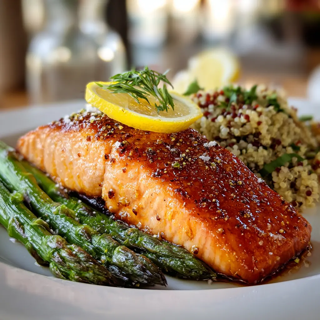Salmon steak meal with healthy sides
