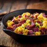 Extreme close-up of a skillet with canned corned beef and scrambled eggs on a rustic wooden table, browned beef mixed with fluffy eggs.