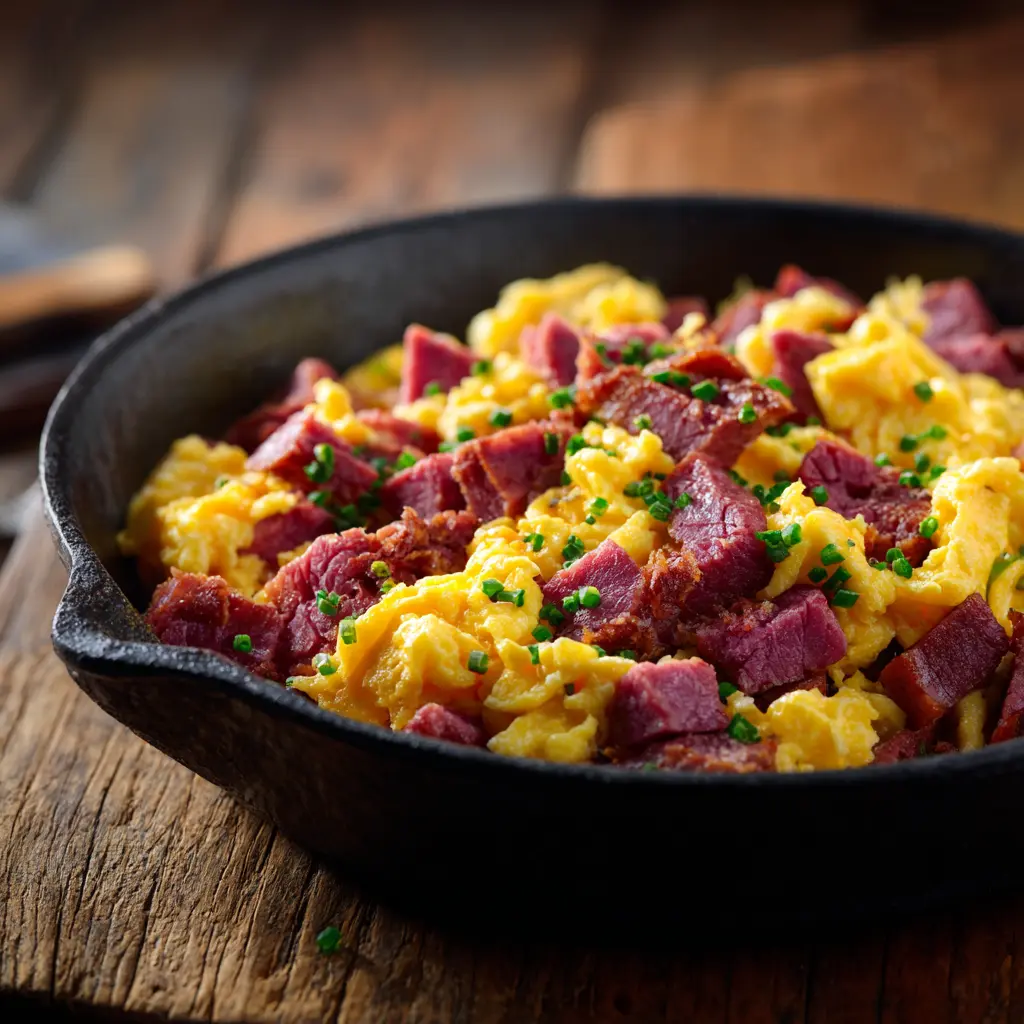 Extreme close-up of a skillet with canned corned beef and scrambled eggs on a rustic wooden table, browned beef mixed with fluffy eggs.