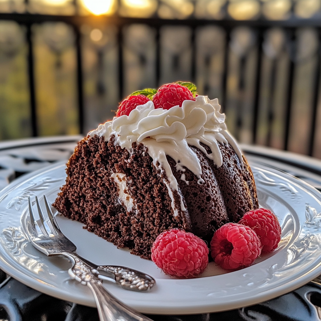 Slice of chocolate pound cake served with cream and raspberries