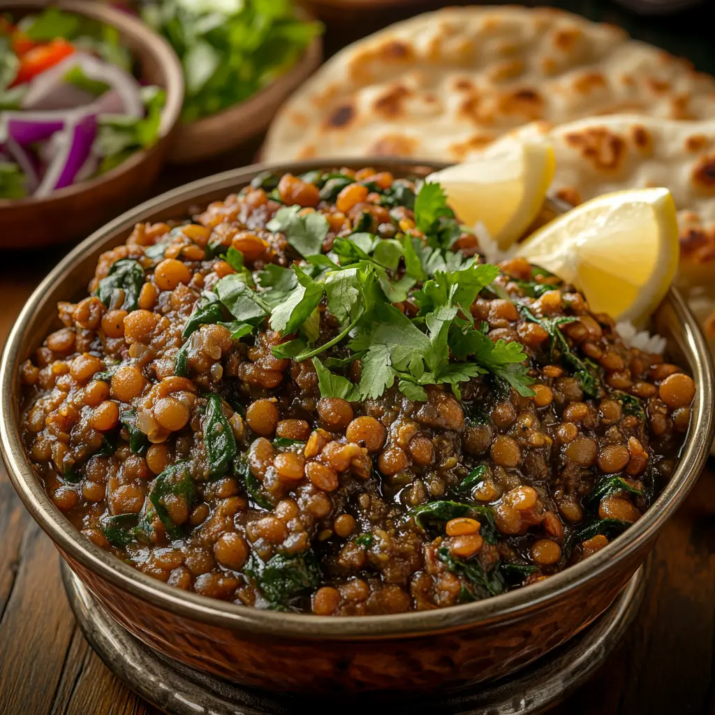 Served lamb lentils rice spinach with sides