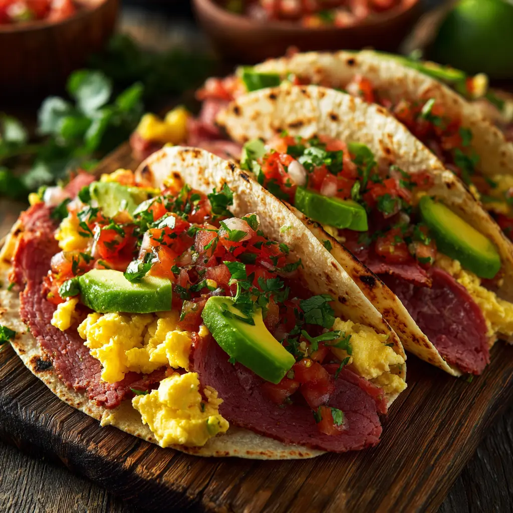 Corned beef breakfast tacos without potatoes