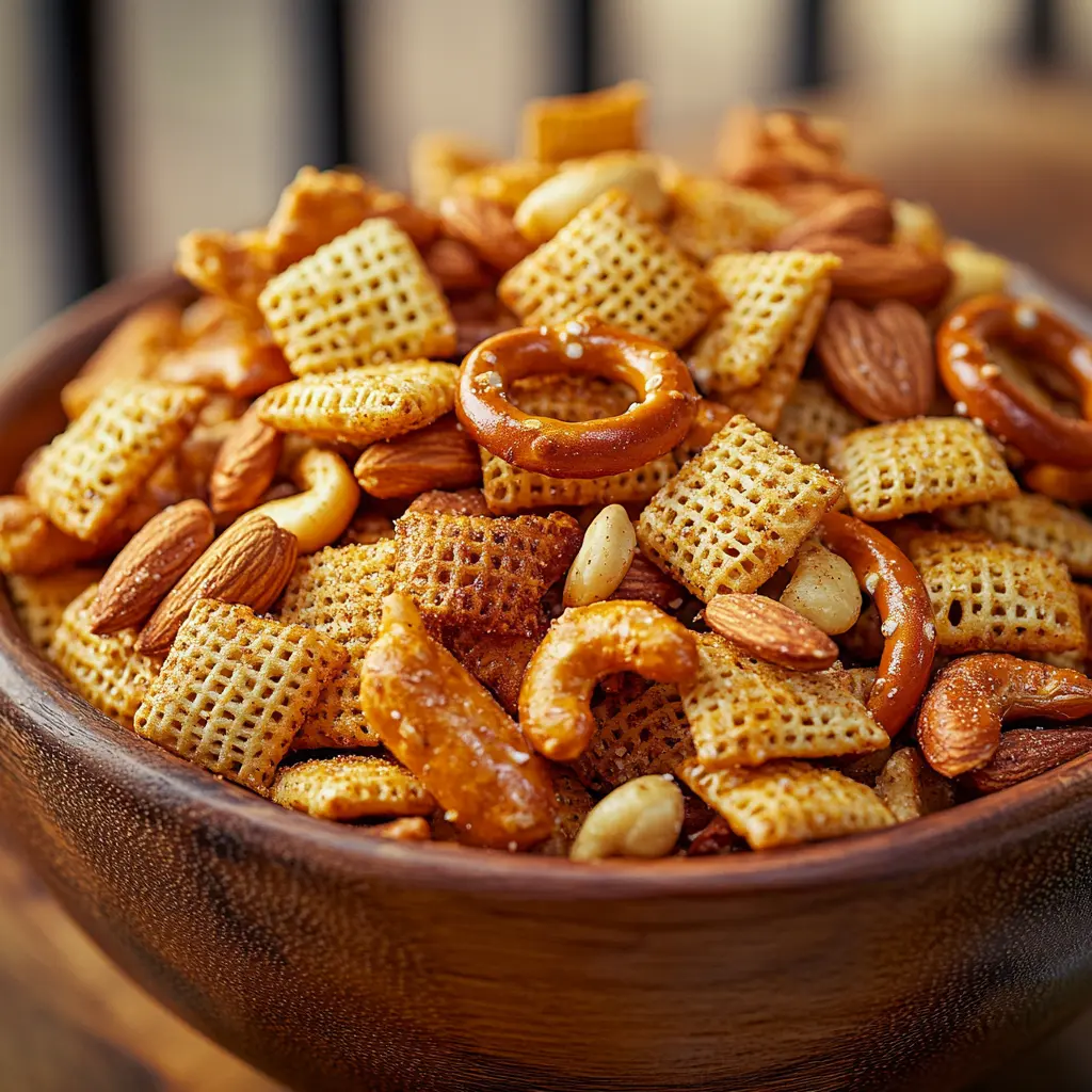 Oven-baked Chex Mix recipe close-up