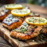 Close-up of grilled salmon cut steaks on a rustic wooden board, garnished with lemon slices and fresh herbs, captured in natural daylight.