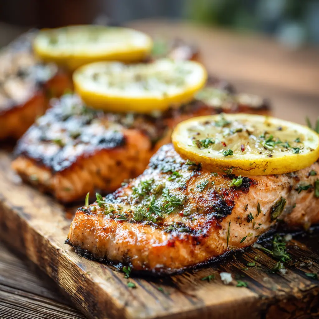 Close-up of grilled salmon cut steaks on a rustic wooden board, garnished with lemon slices and fresh herbs, captured in natural daylight.