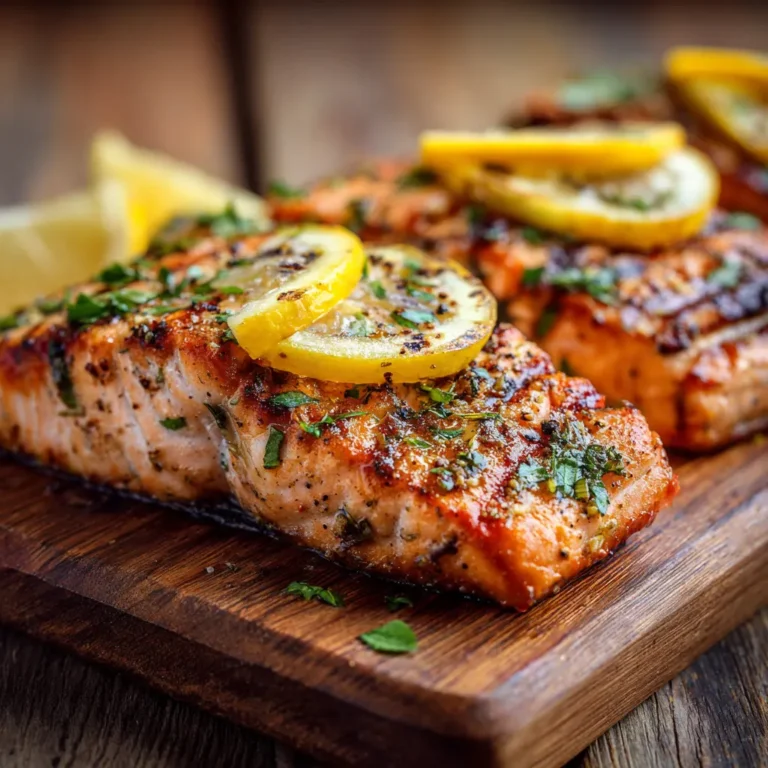 Grilled salmon cut steaks with lemon and herbs