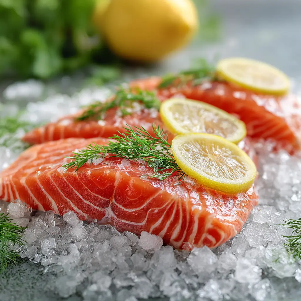 Fresh salmon cut steaks at seafood market