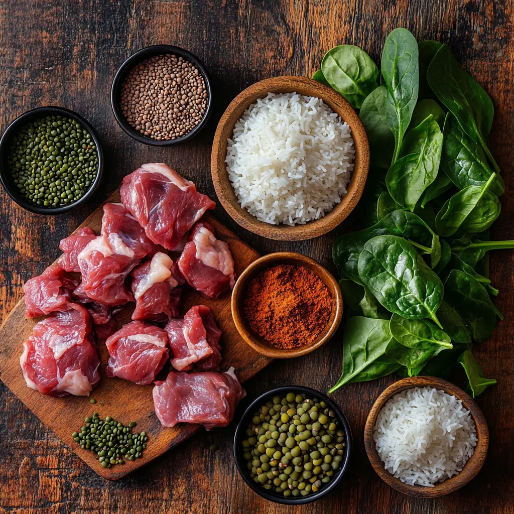 Ingredients for lamb lentils rice spinach recipe