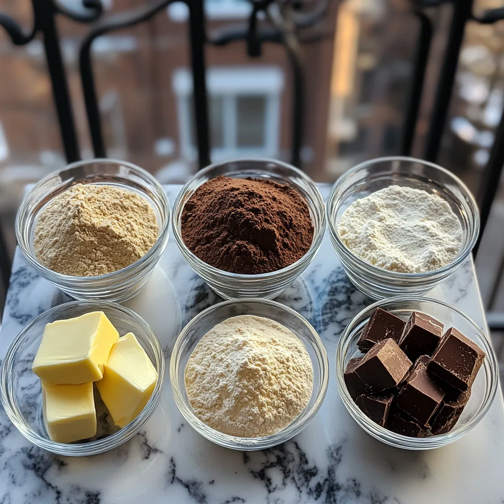 Ingredients for chocolate pound cake recipe laid out on kitchen counter