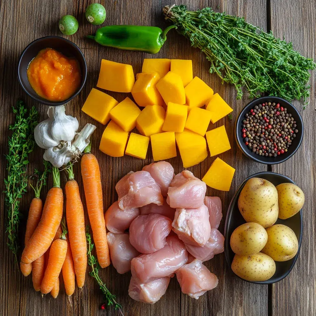 Jamaican chicken soup recipe fresh ingredients flat lay