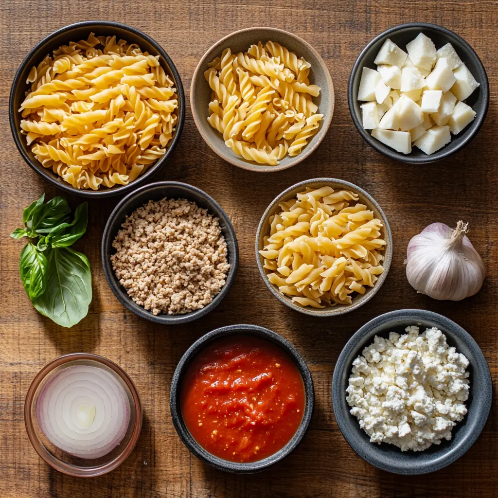 Ingredients for one-skillet cheesy ground chicken pasta recipe