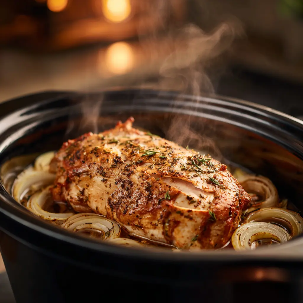 Creole Butter Turkey Breast slow-cooking with onions and spices