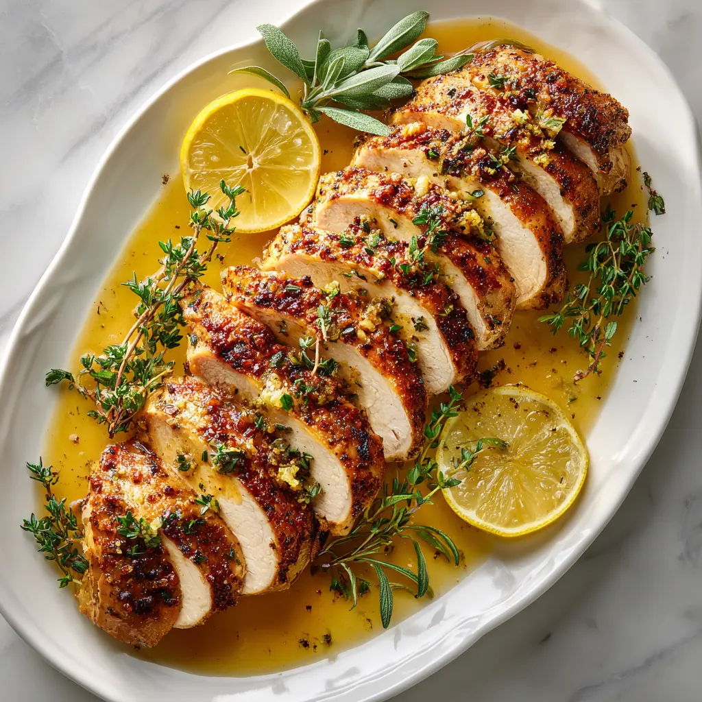 Creole Butter Turkey Breast plated with garnishes