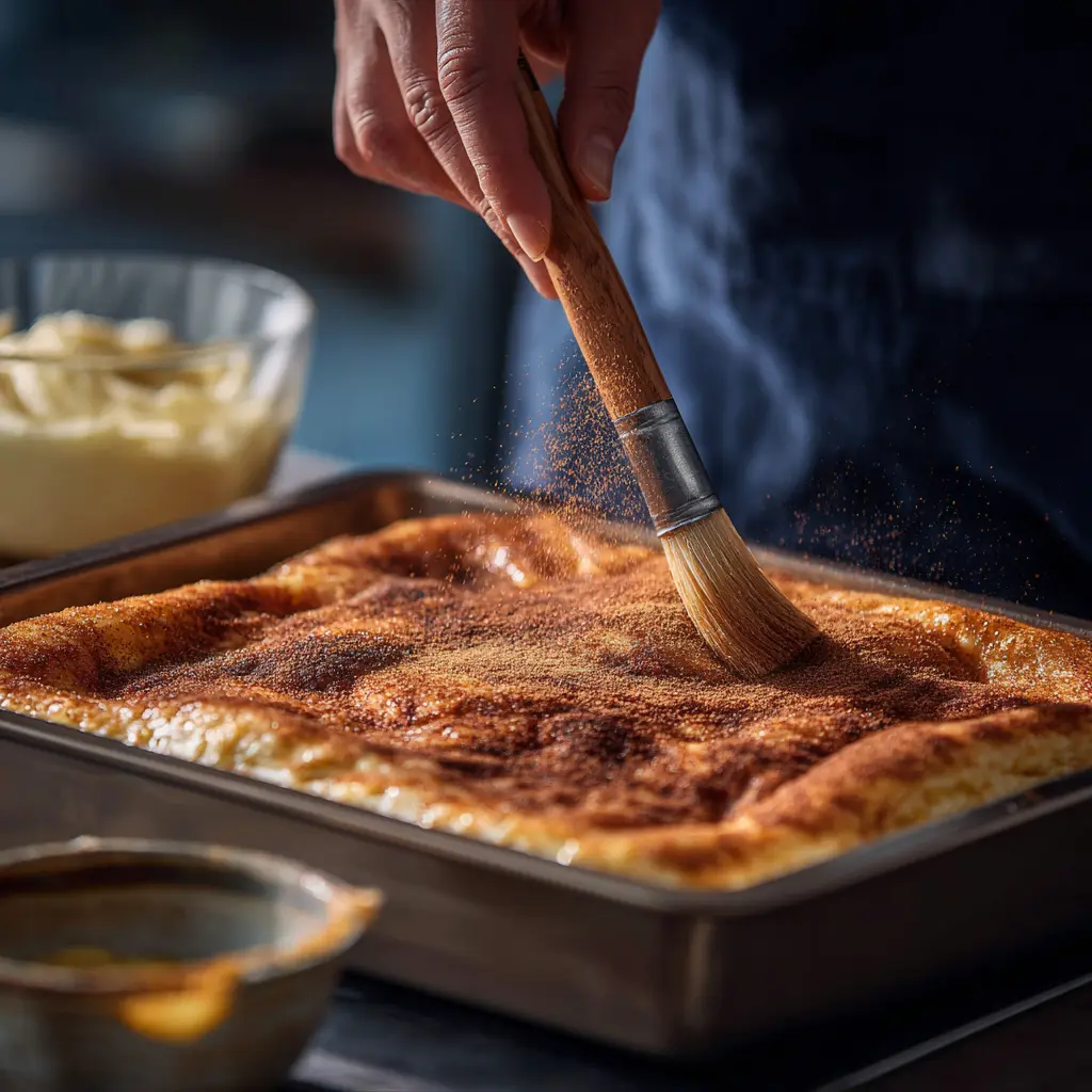 churro cheesecake baking with cinnamon sugar topping