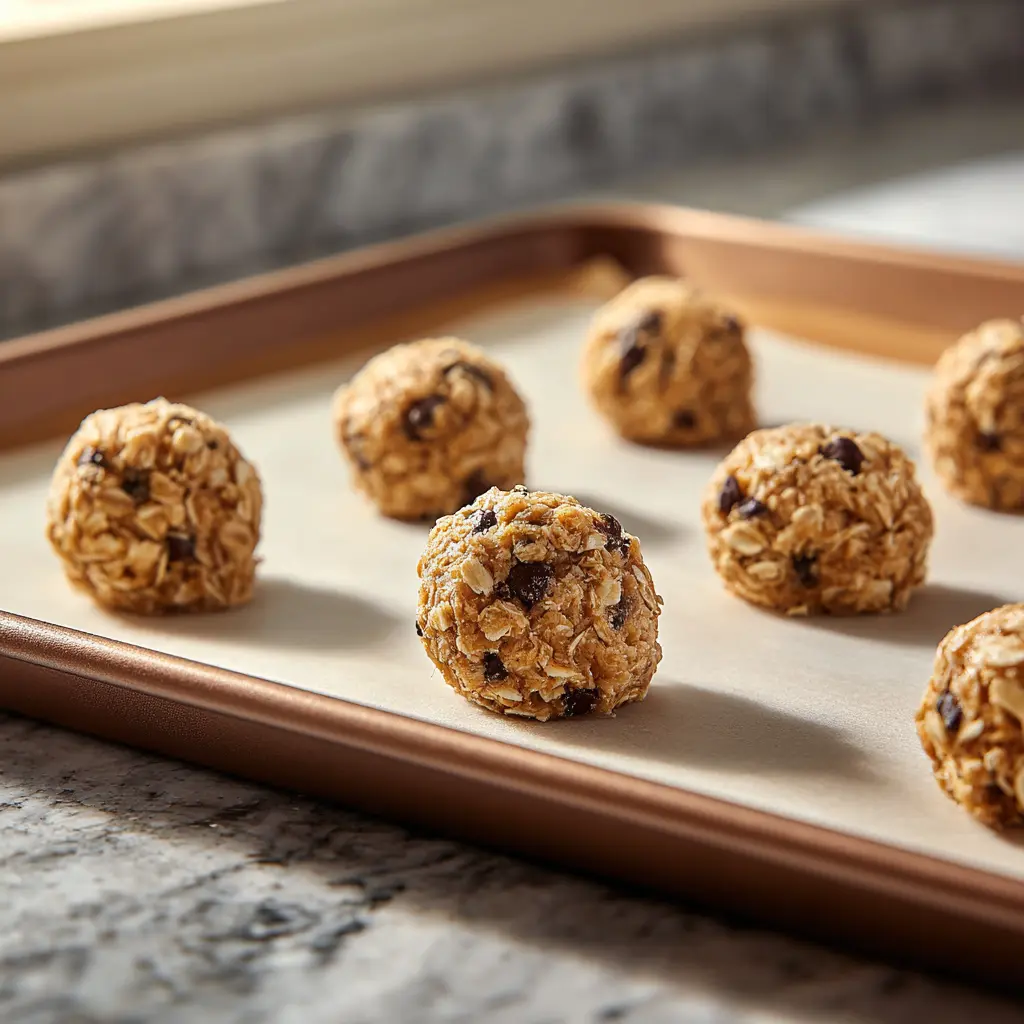 chewy-oatmeal-cookies-dough Cookie dough balls for chewy oatmeal cookies on baking tray