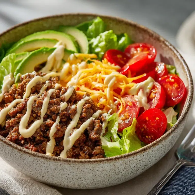 Burger Bowl Recipe with beef, lettuce, cheese, and sauce