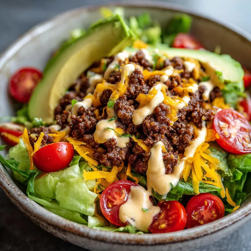 Burger Bowl Recipe with beef, lettuce, cheese, and sauce