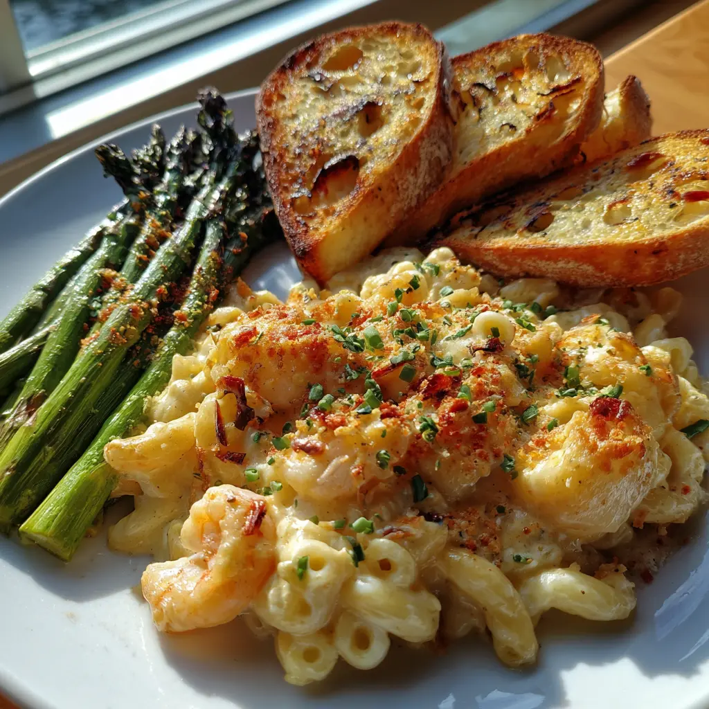 seafood-mac-and-cheese-serving Serving of seafood mac and cheese with garlic bread and asparagus