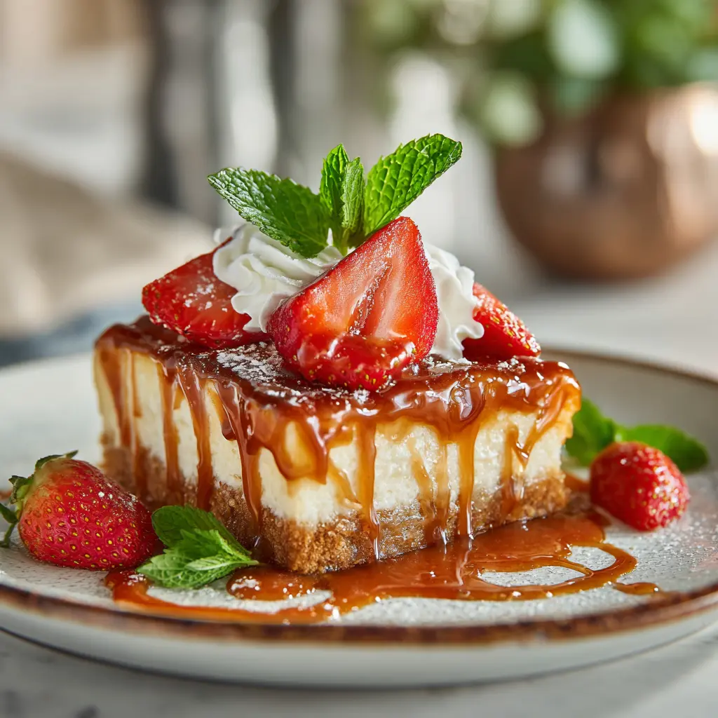 churro cheesecake slice with caramel drizzle and whipped cream