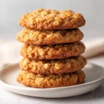 Chewy oatmeal cookies stacked fresh from the oven