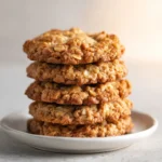 Chewy oatmeal cookies stacked fresh from the oven