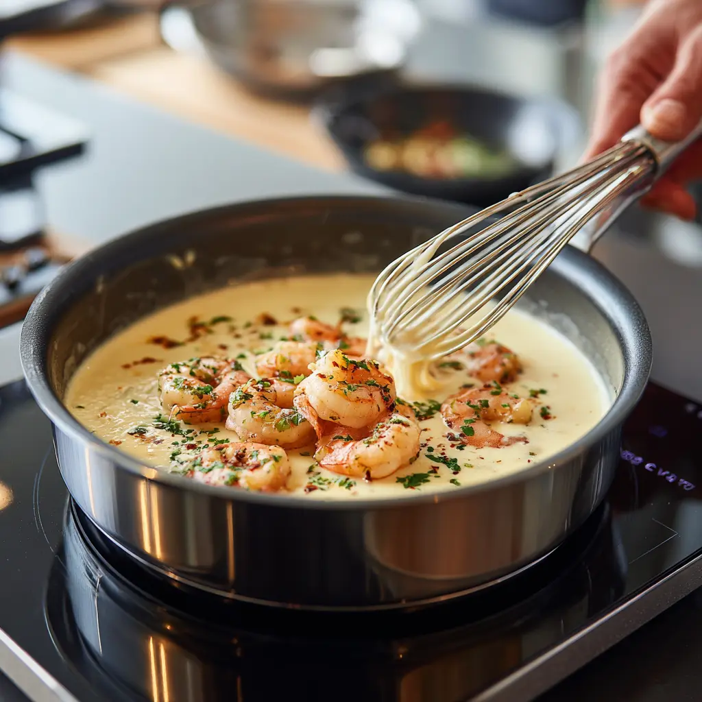 seafood-mac-and-cheese-cooking Cooking creamy cheese sauce for seafood mac and cheese