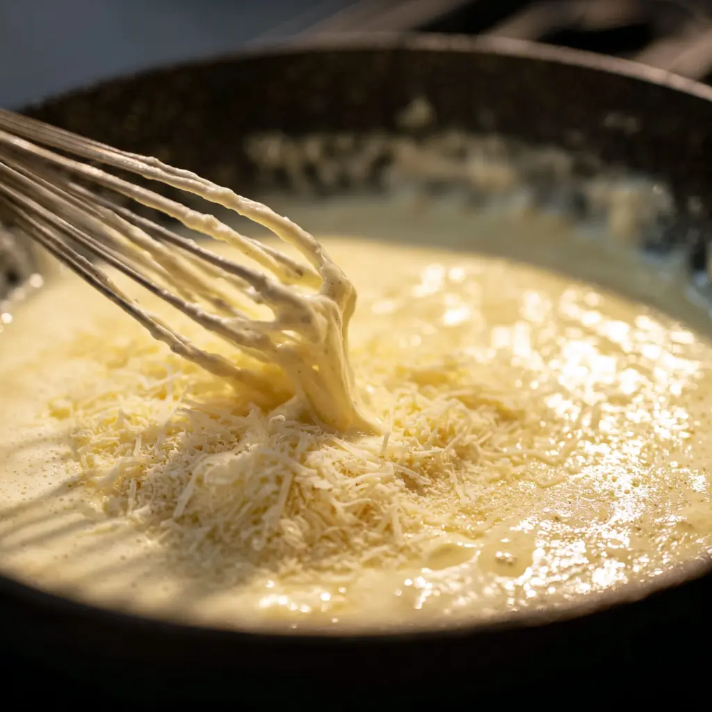making-chicken-alfredo-sauce making sauce for easy chicken Alfredo recipe