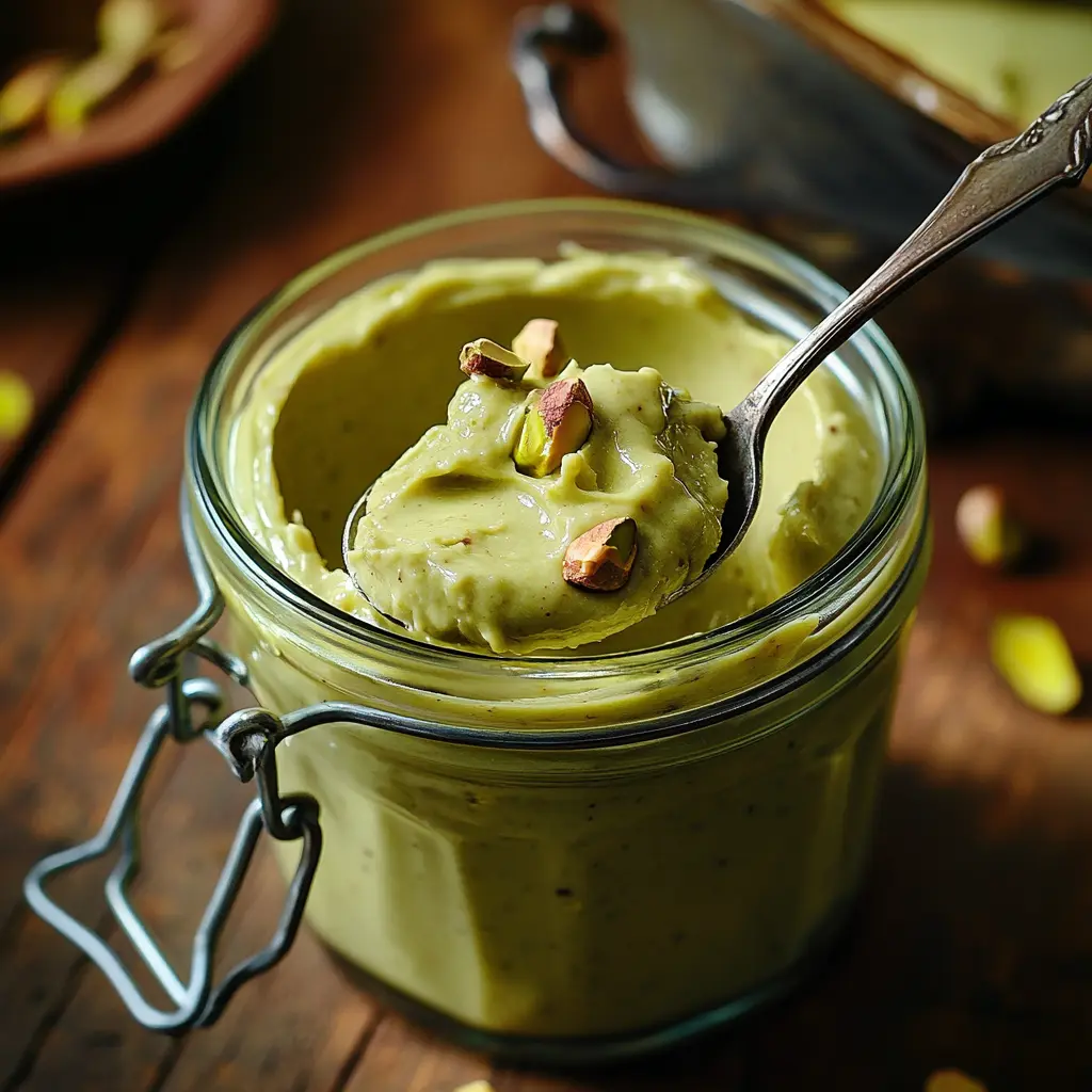 Homemade pistachio cream recipe in a glass jar with spoon