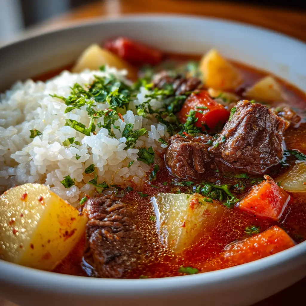 Hawaiian Beef Stew served with rice in a bowl