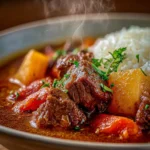 Hawaiian Beef Stew served with rice in a bowl
