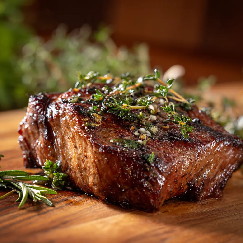 Grass-fed Denver steak with herbs on a rustic wooden table