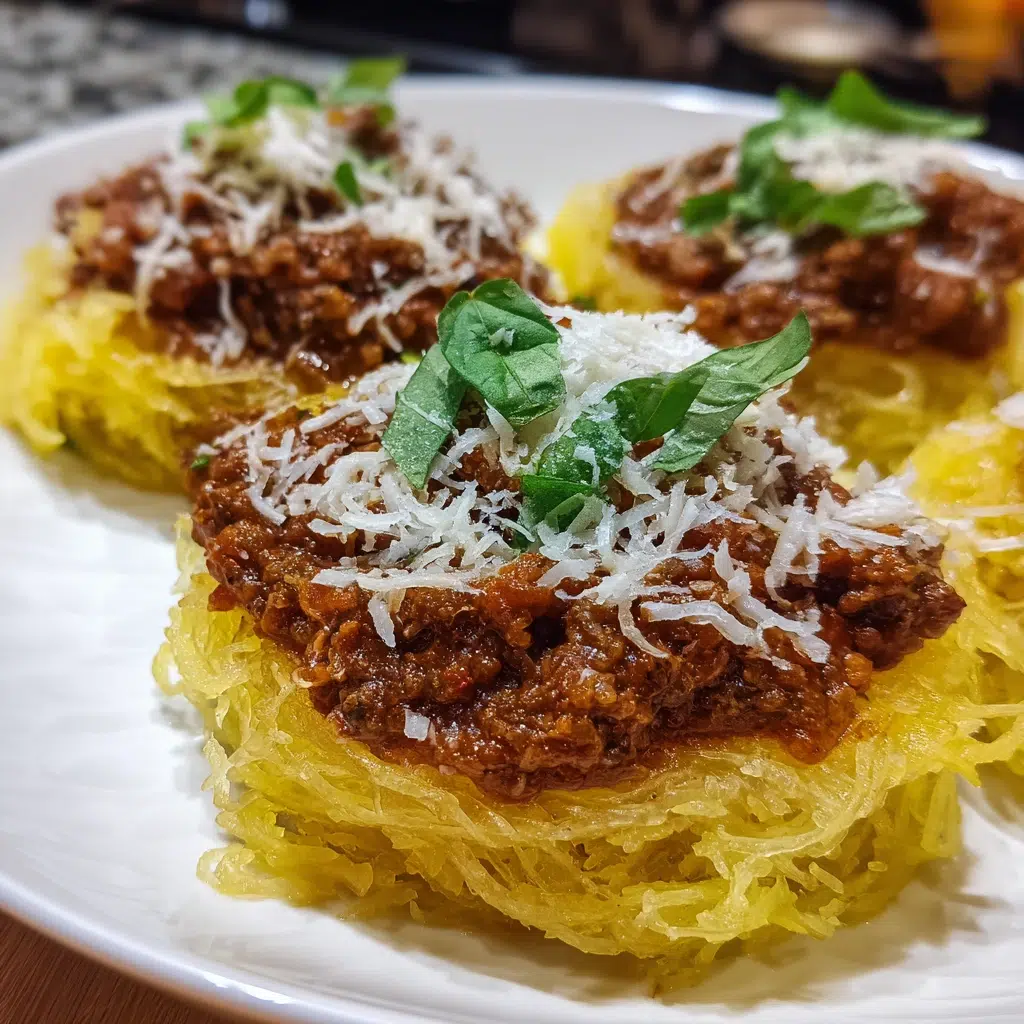 Plated Spaghetti Squash Bolognese with sauce and Parmesan