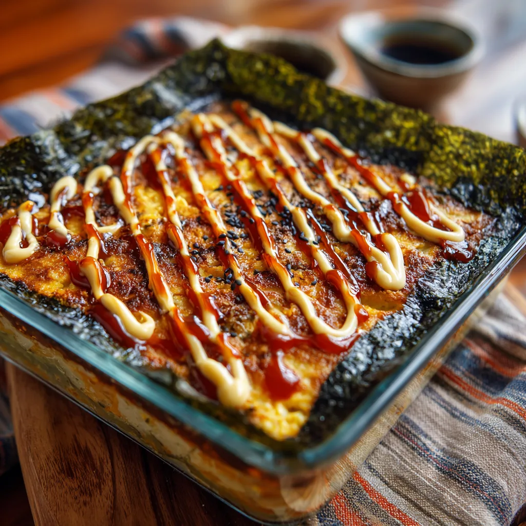 Sushi Bake Recipe casserole with mayo and nori sheets