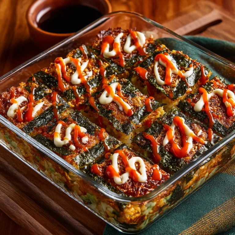 Sushi Bake Recipe casserole with mayo and nori sheets