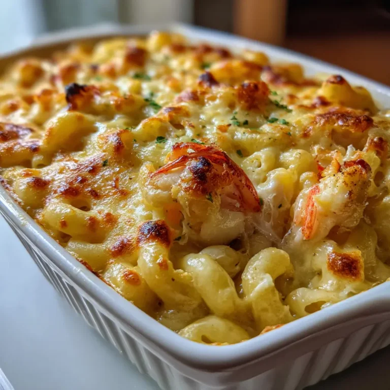 Seafood Mac and Cheese bubbling with golden cheese and seafood