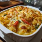 Seafood Mac and Cheese bubbling with golden cheese and seafood