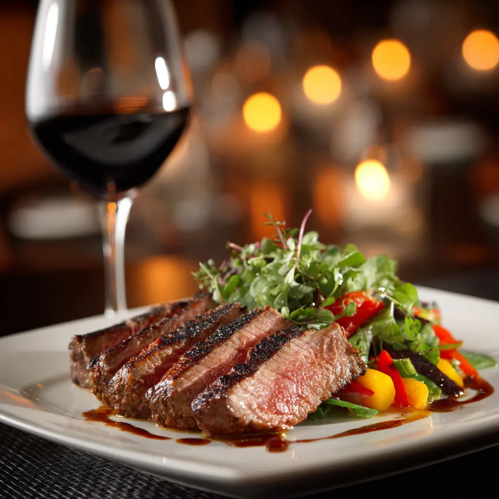 Denver steak paired with red wine in an elegant setting