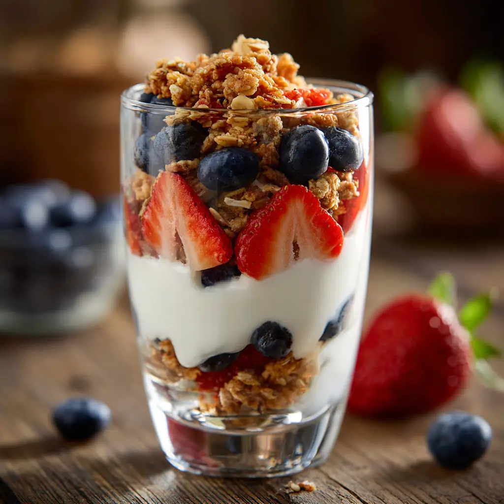 greek yogurt parfait layered with fruits and granola