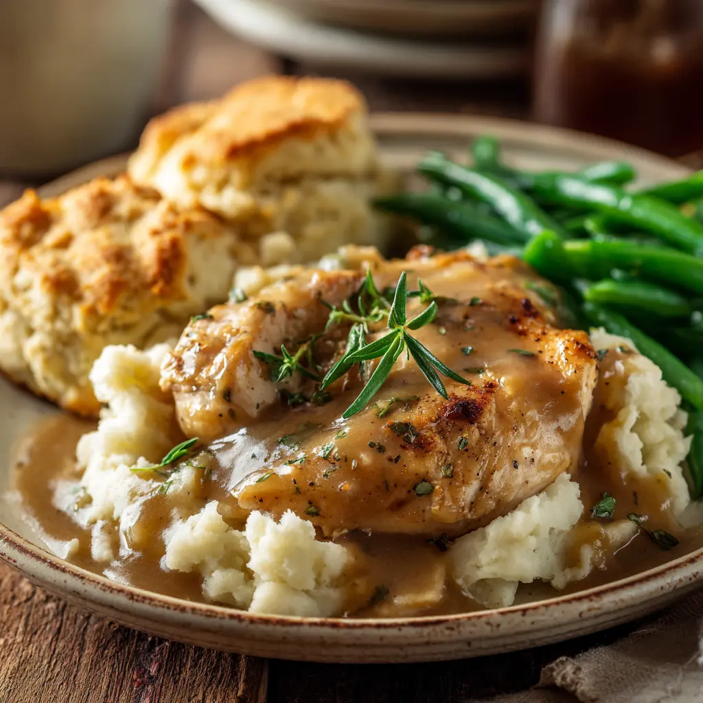Chicken and Gravy Recipe served with mashed potatoes and biscuits