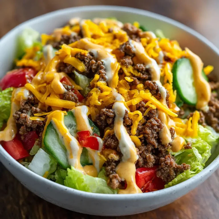 Big Mac Salad Recipe close-up with beef, cheese, and pickles