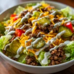 Big Mac Salad Recipe close-up with beef, cheese, and pickles
