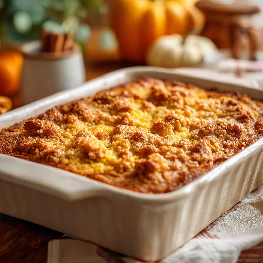 Pumpkin Dump Cake fresh from the oven with golden topping
