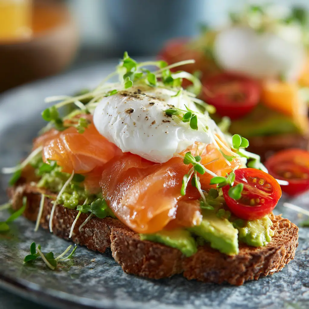 Avocado toast with poached egg and smoked salmon variation